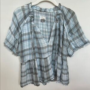 Anthropologie Blue and White Tiered Puff Sleeve Blouse